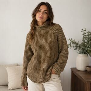 Reborn Women’s XL Brown Marled Turtleneck Poncho Sweater Knit Pullover